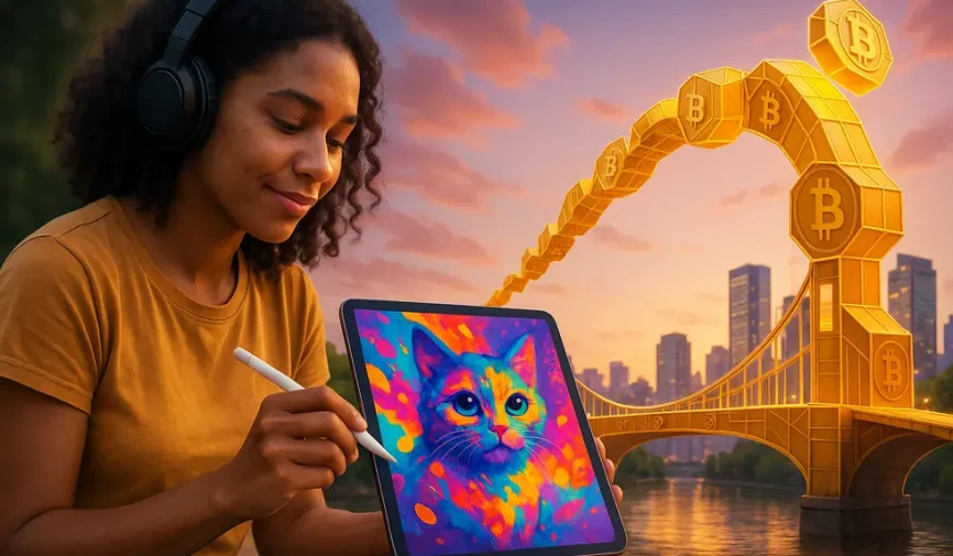 Artistic representation of digital art converging with blockchain.