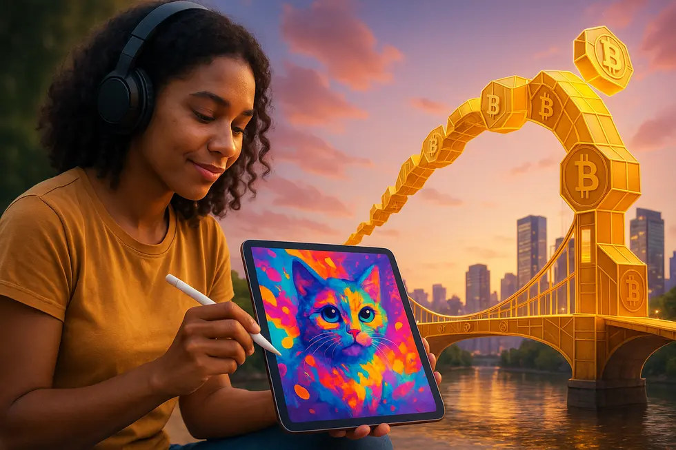 Artistic representation of digital art converging with blockchain.