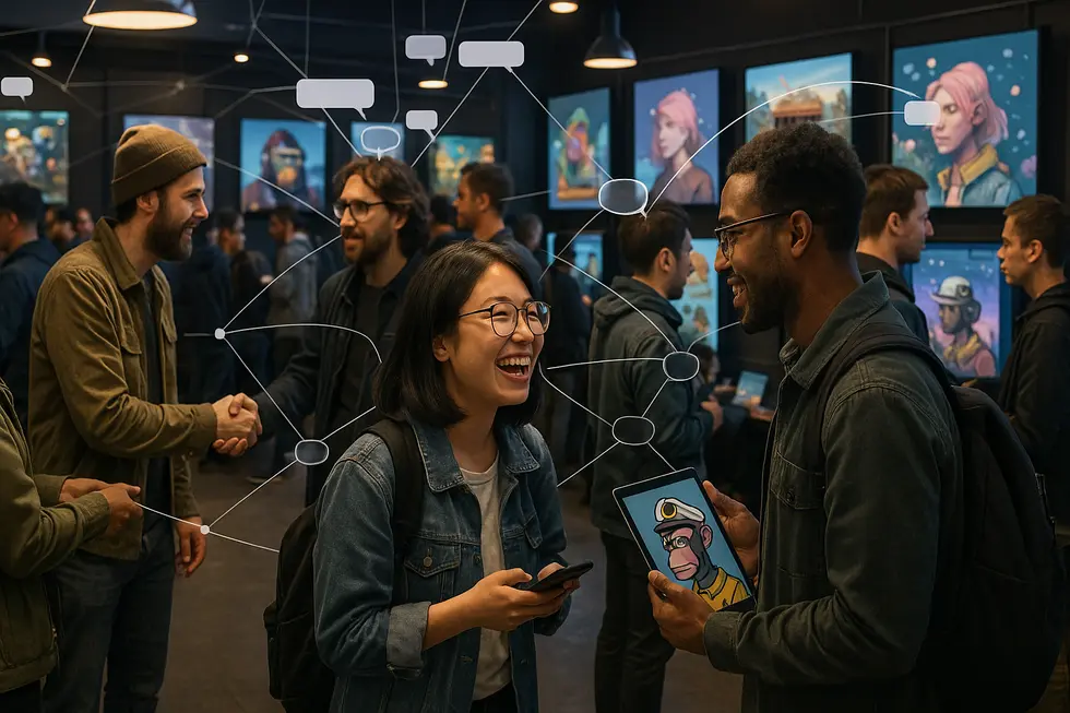 Virtual communities evolving into digital families through NFTs and digital ownership.