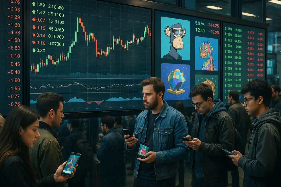 People interacting with NFTs, demonstrating real-world financial application.