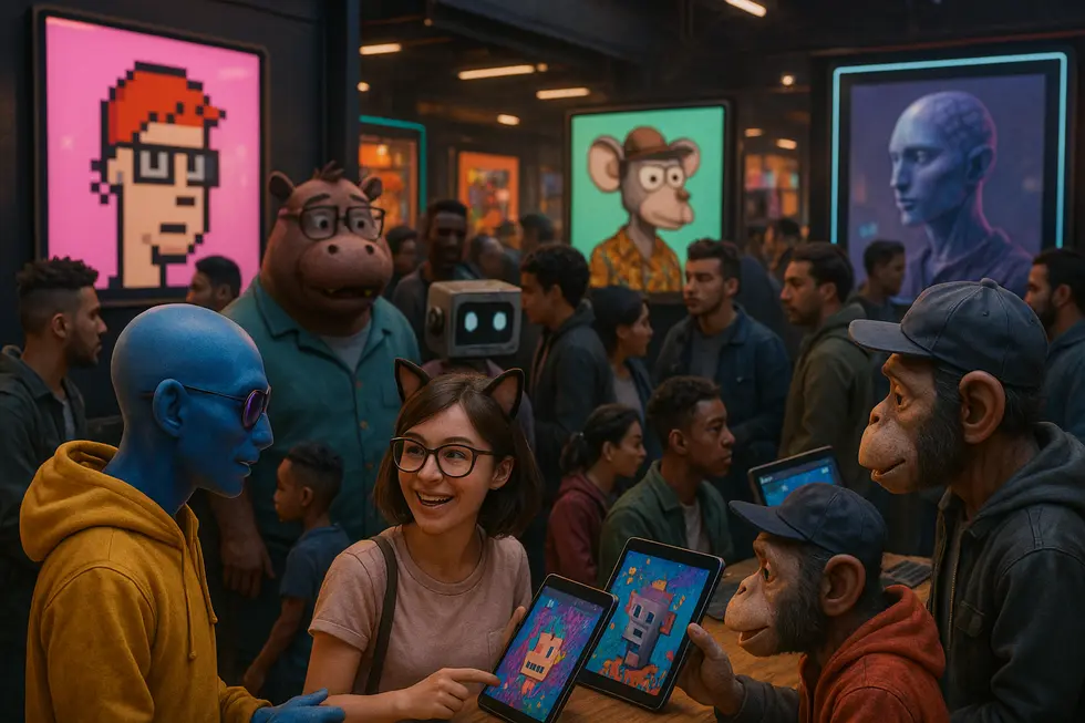 A dynamic scene of an NFT marketplace illustrating its role as a hub for digital tribes.