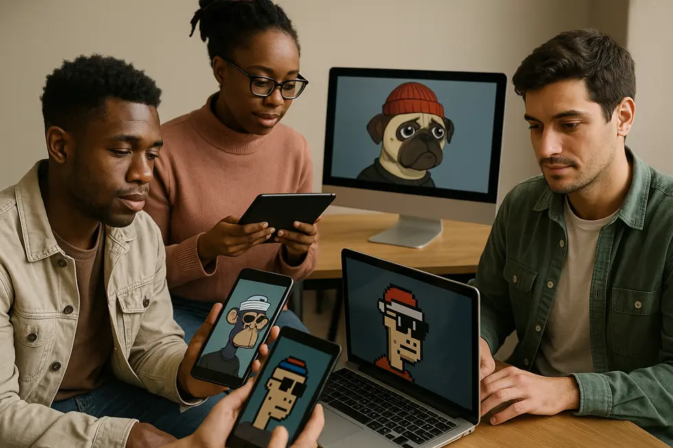 People interacting with NFTs, demonstrating real-world financial application.