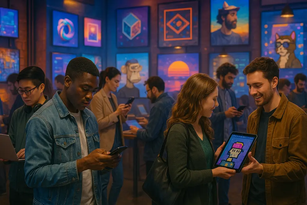 A futuristic view of a tokenized world with digital and physical assets interconnected.