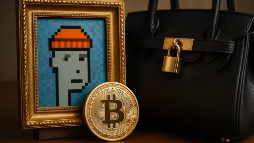 An image blending digital art with luxury goods, symbolizing the real value of NFTs.