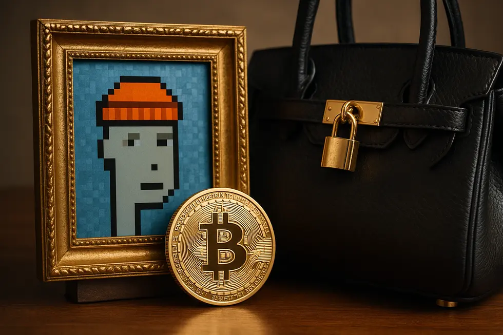 An image blending digital art with luxury goods, symbolizing the real value of NFTs.