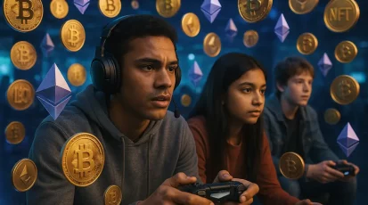 A gaming landscape with NFTs and digital currencies representing the play-to-earn transformation