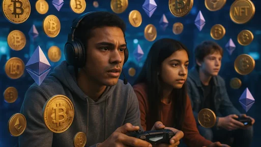 A gaming landscape with NFTs and digital currencies representing the play-to-earn transformation