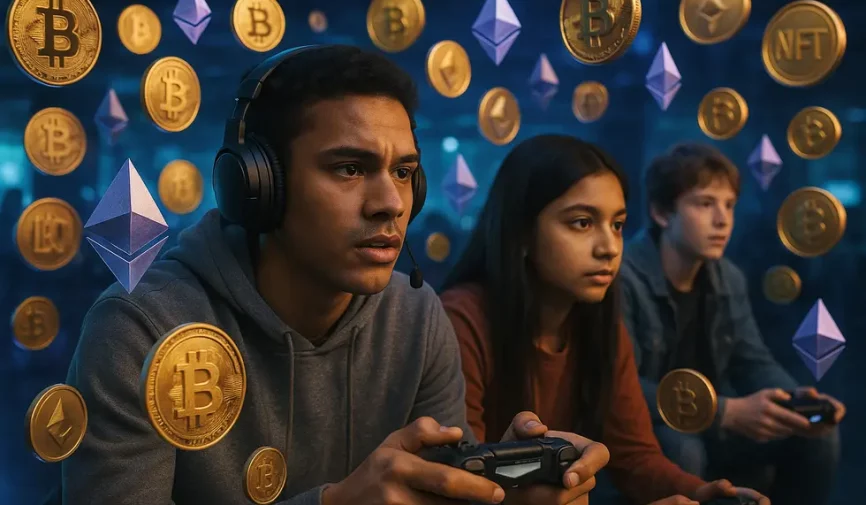 A gaming landscape with NFTs and digital currencies representing the play-to-earn transformation