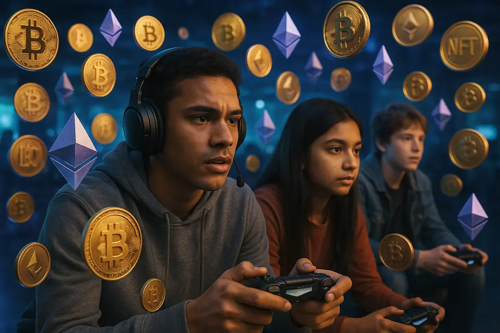 A gaming landscape with NFTs and digital currencies representing the play-to-earn transformation