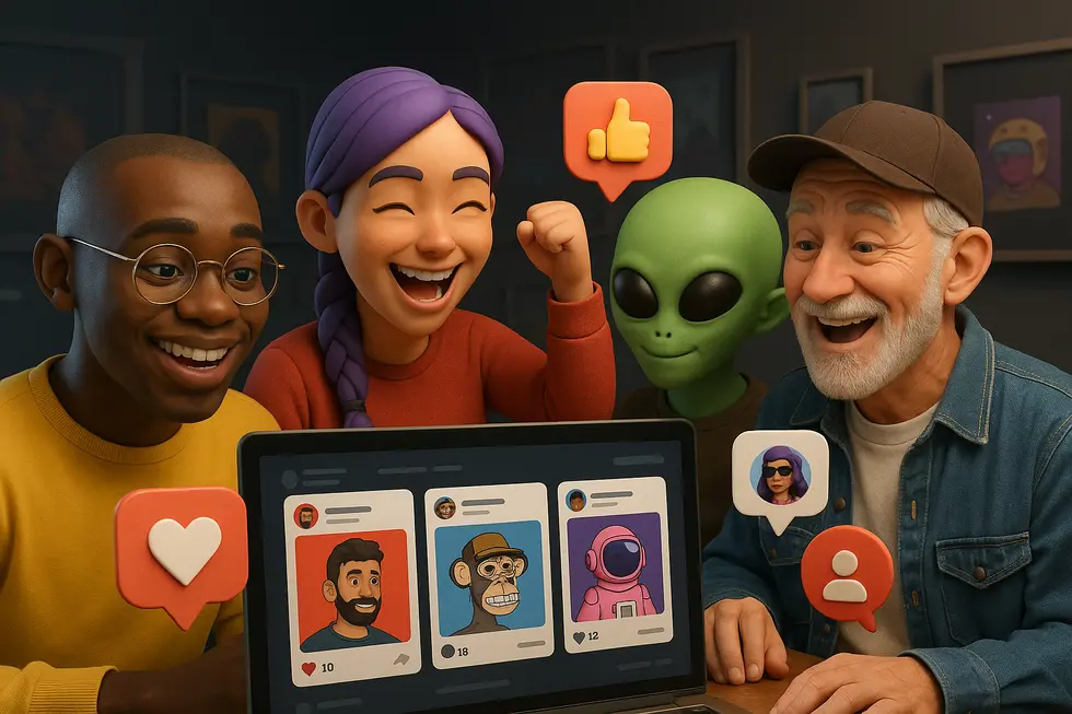 A dynamic scene of an NFT marketplace illustrating its role as a hub for digital tribes.