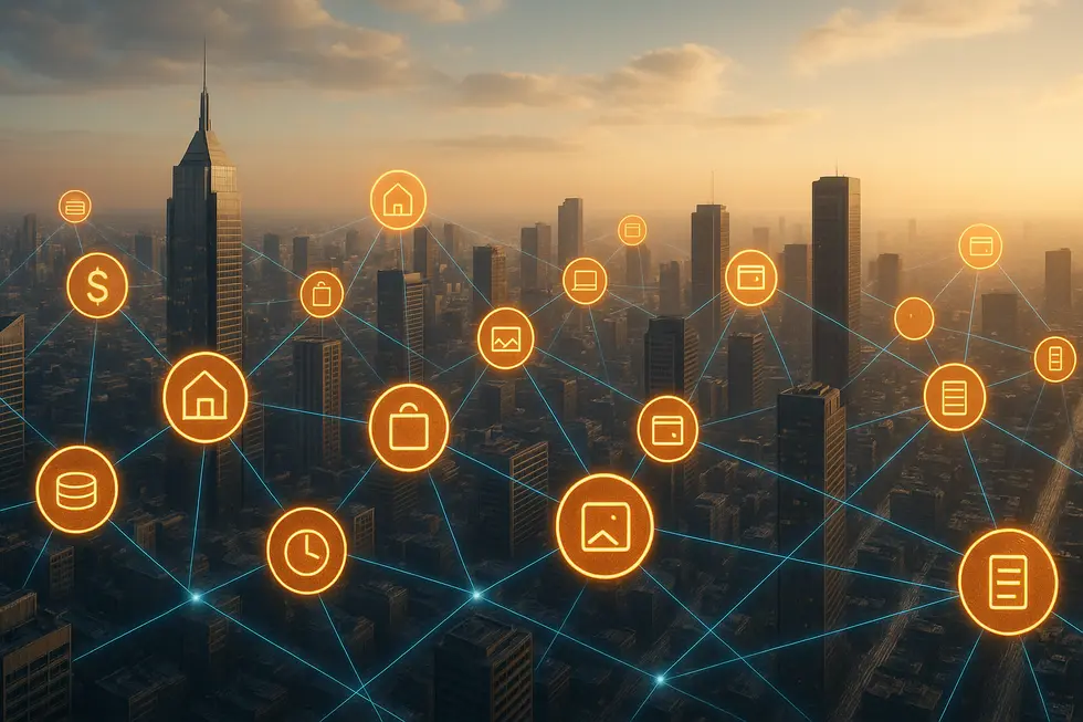 A futuristic view of a tokenized world with digital and physical assets interconnected.