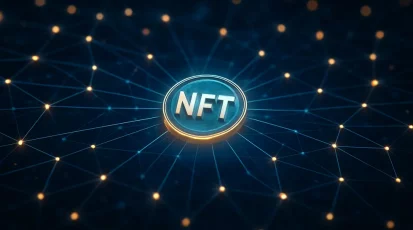 A glowing NFT surrounded by a network, depicting its central role in Web3 digital ownership.