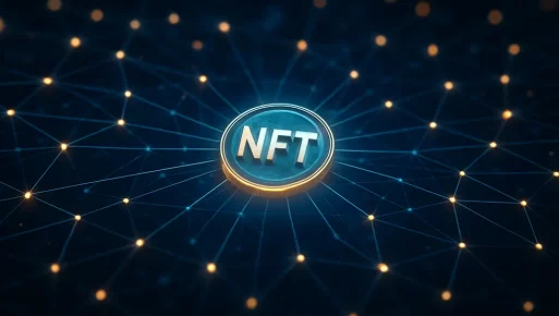 A glowing NFT surrounded by a network, depicting its central role in Web3 digital ownership.