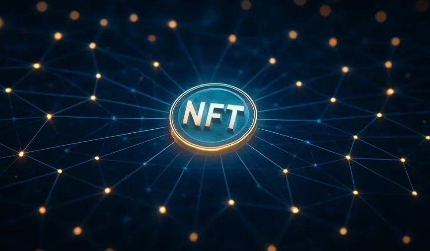 A glowing NFT surrounded by a network, depicting its central role in Web3 digital ownership.