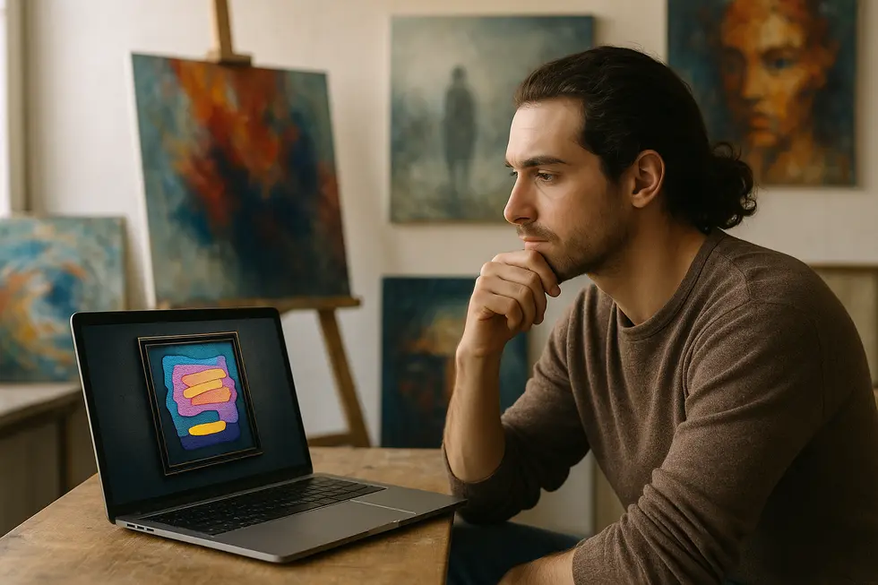 An artist reflecting on their digital and physical art, embodying the mixed emotions of entering the NFT space.