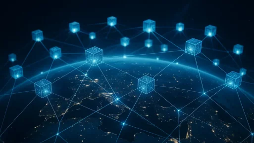 A digital landscape connecting blockchain nodes worldwide.