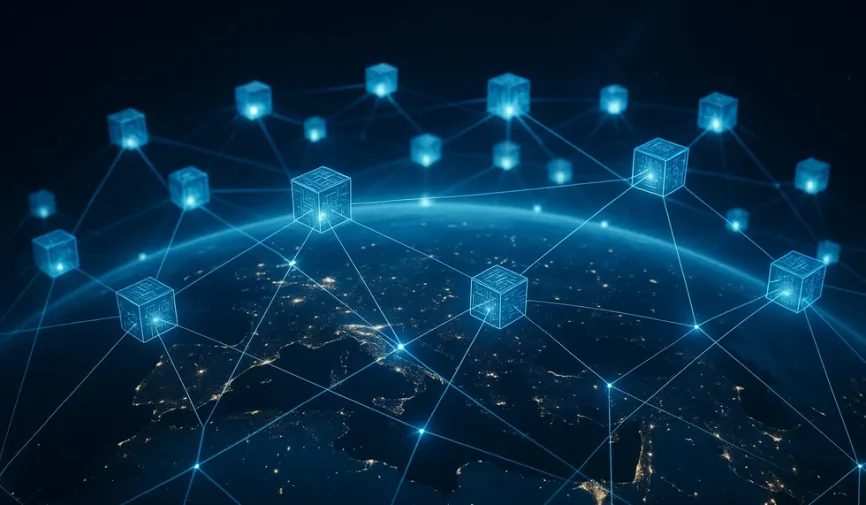 A digital landscape connecting blockchain nodes worldwide.