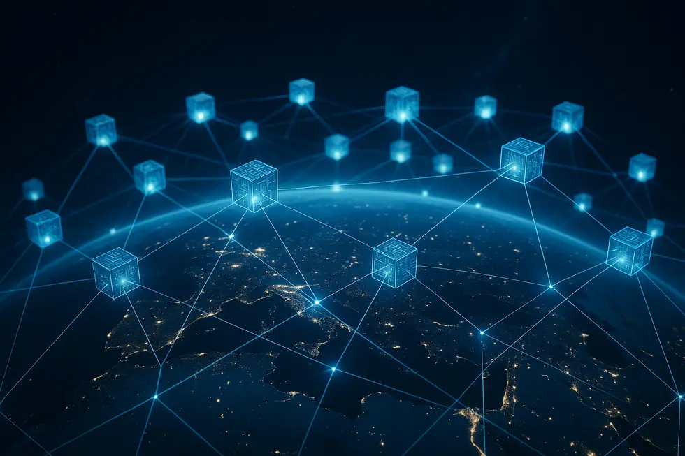 A digital landscape connecting blockchain nodes worldwide.