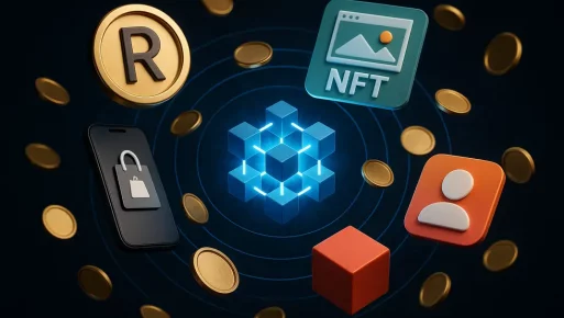 A central blockchain orbited by digital brand elements, representing branding's future.