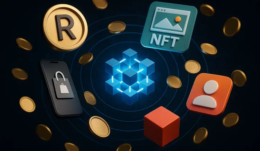 A central blockchain orbited by digital brand elements, representing branding's future.