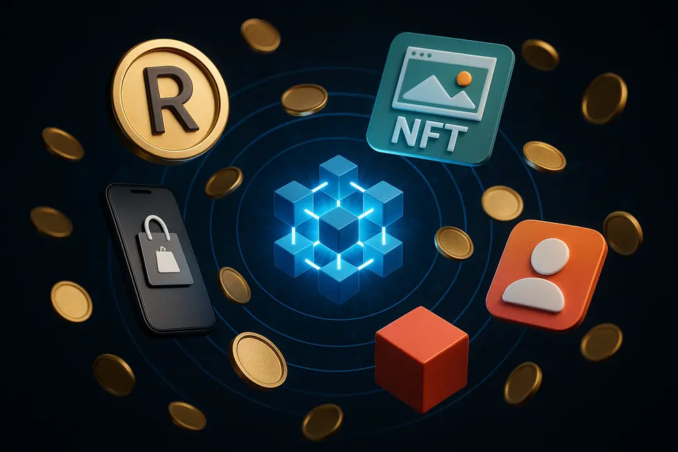 A central blockchain orbited by digital brand elements, representing branding's future.