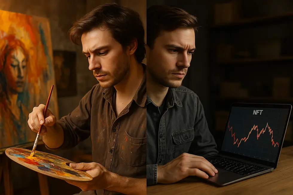 An artist reflecting on their digital and physical art, embodying the mixed emotions of entering the NFT space.