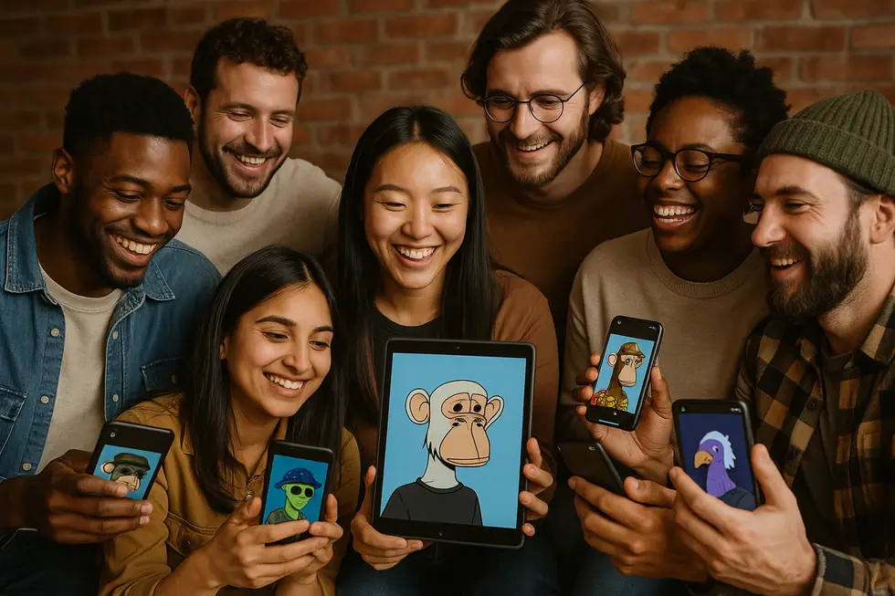 Individuals connecting emotionally with digital art in an NFT marketplace setting.