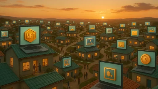 The rise of digital villages through NFT exchanges and digital ownership. An expansive view of digital communities interconnected by NFT marketplaces and digital assets.