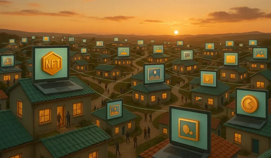 An expansive view of digital communities interconnected by NFT marketplaces and digital assets.