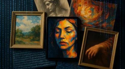 A collage showing digital and physical art intertwined with blockchain.