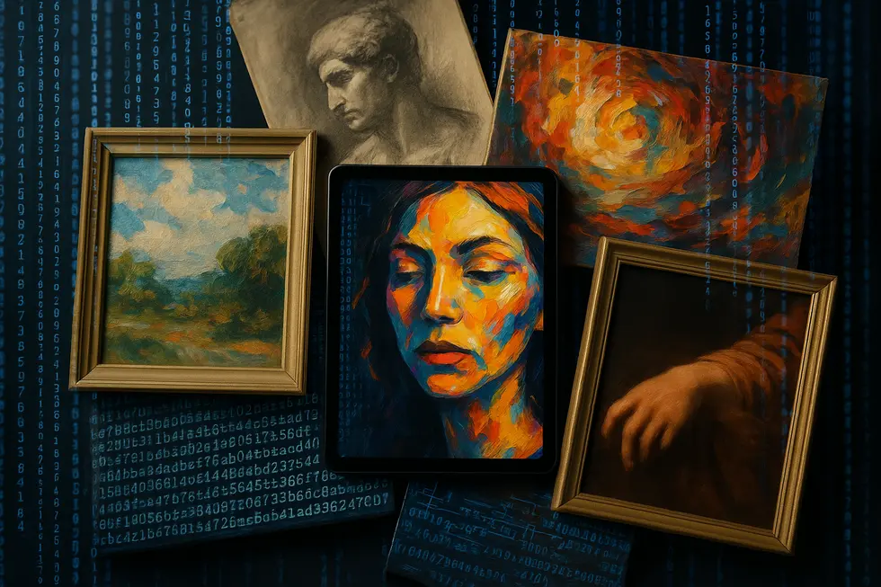 A collage showing digital and physical art intertwined with blockchain.