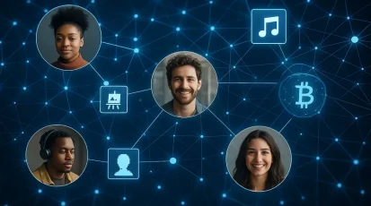 The internet's creative economy flourishing through digital ownership and NFT marketplaces. Artists and creators engaging in a blockchain-driven creative economy.