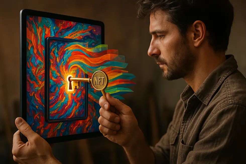 An artist reflecting on their digital and physical art, embodying the mixed emotions of entering the NFT space.