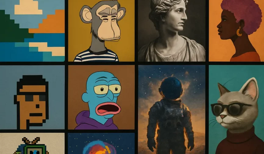 A collage of various digital art pieces representing NFT ownership diversity.