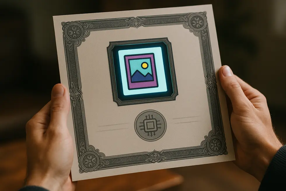 Individuals connecting emotionally with digital art in an NFT marketplace setting.