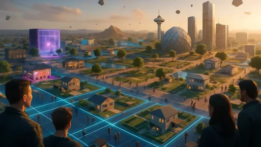 A wide view of a metaverse landscape with mixed-use digital plots and active user engagements. Expansive metaverse scene with interactive virtual spaces and owned land plots.