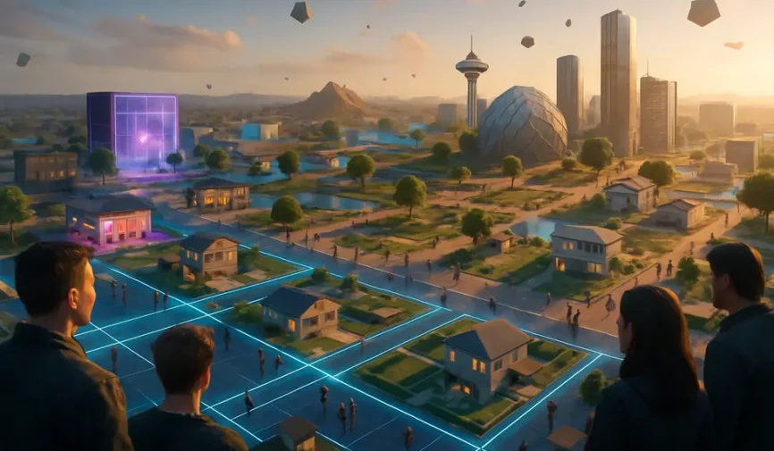 Expansive metaverse scene with interactive virtual spaces and owned land plots.