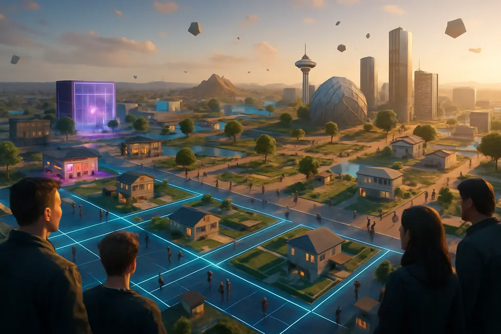 Expansive metaverse scene with interactive virtual spaces and owned land plots.