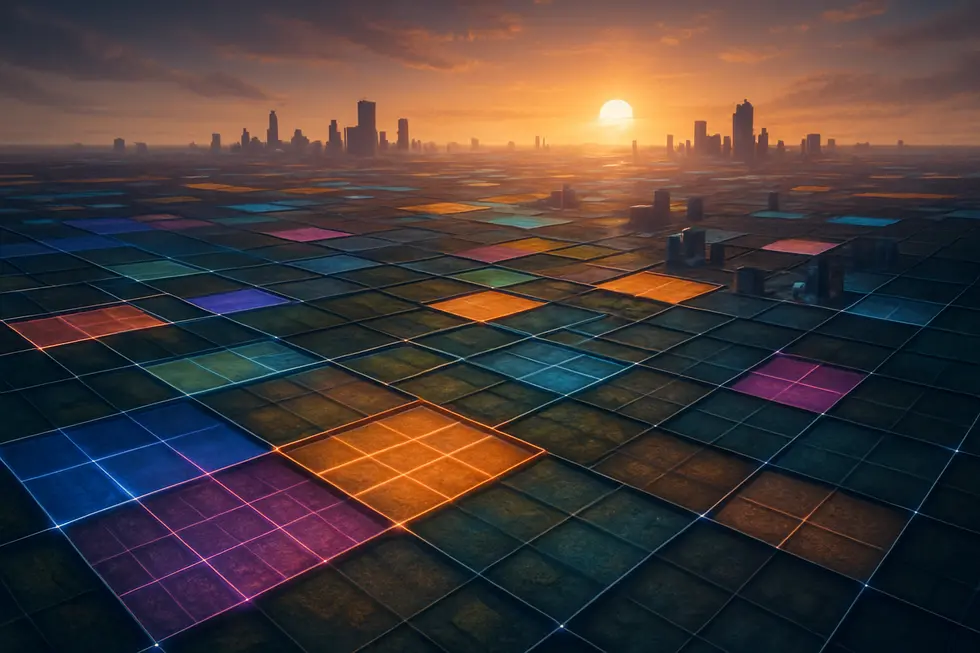 A digital landscape in the metaverse highlighting virtual land parcels, showcasing the foundation of digital ownership.