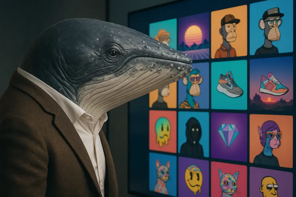 A giant whale navigating a digital landscape, representing their influence in the NFT marketplace.