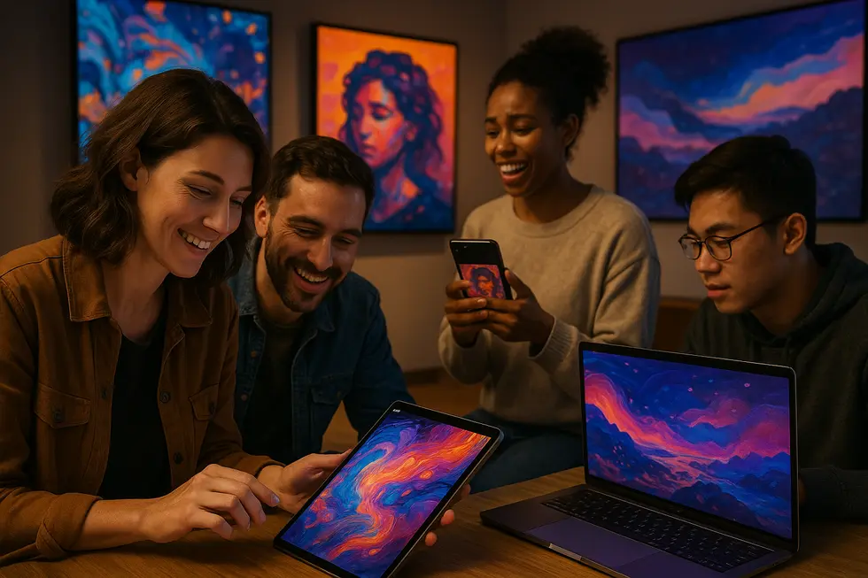 Individuals connecting emotionally with digital art in an NFT marketplace setting.