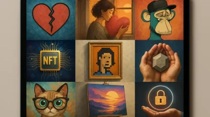 A collage of digital artworks symbolizing emotional connections and digital ownership.