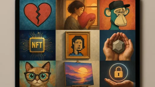 A collage of digital artworks symbolizing emotional connections and digital ownership.