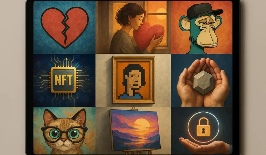 A collage of digital artworks symbolizing emotional connections and digital ownership.