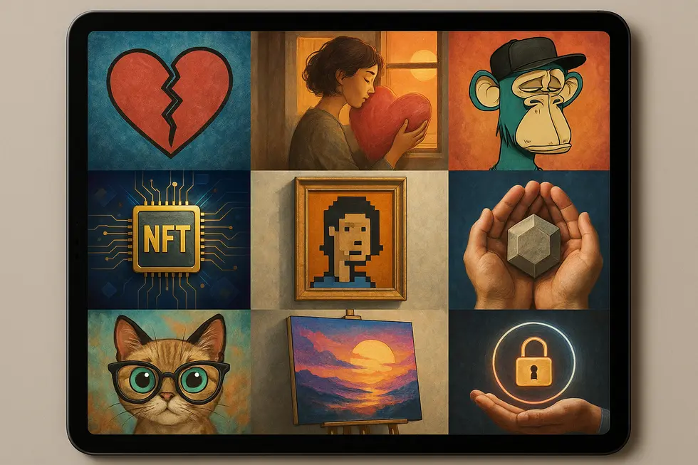 A collage of digital artworks symbolizing emotional connections and digital ownership.