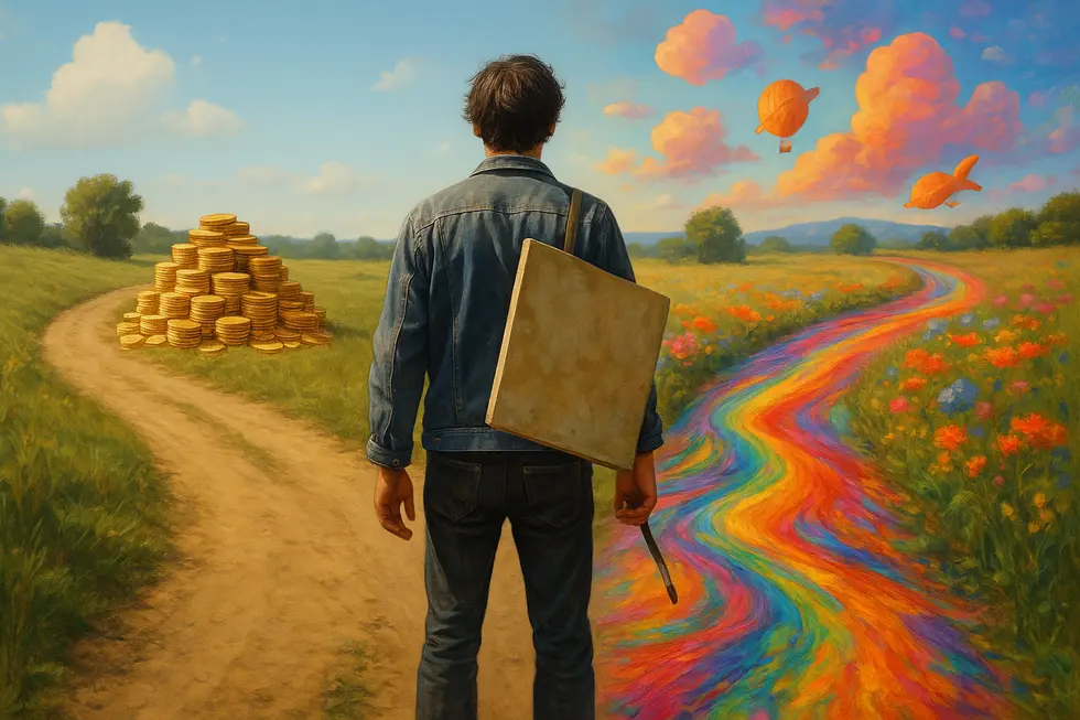 An artist reflecting on their digital and physical art, embodying the mixed emotions of entering the NFT space.