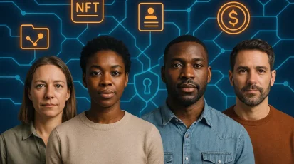 Individuals interacting with digital assets and blockchain background symbolizing ownership.