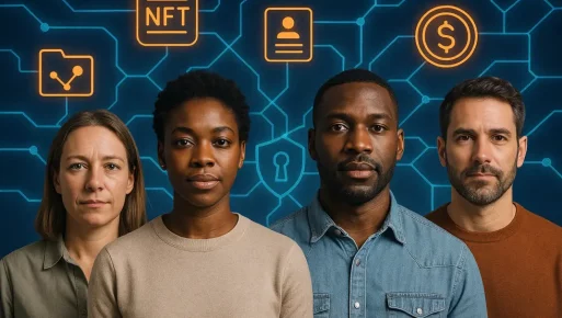 Individuals owning and controlling their digital assets against a blockchain background. Individuals interacting with digital assets and blockchain background symbolizing ownership.