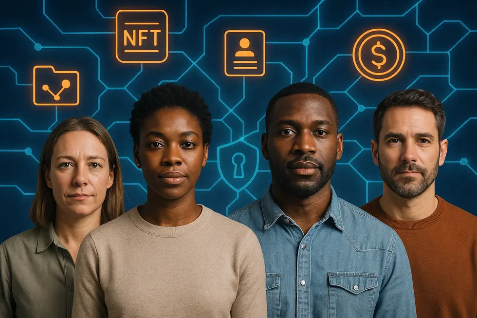 Individuals interacting with digital assets and blockchain background symbolizing ownership.