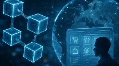 Collage depicting the digital future of user-owned data through blockchain and global connectivity.